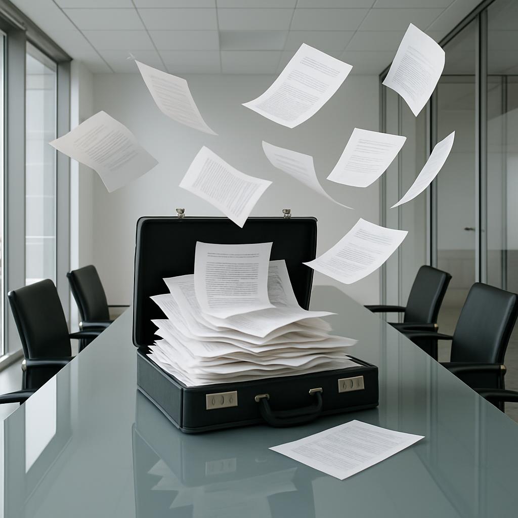 Pile of paper documents flying out of an open black briefcase on a glass conference table in a conference room with six ch...