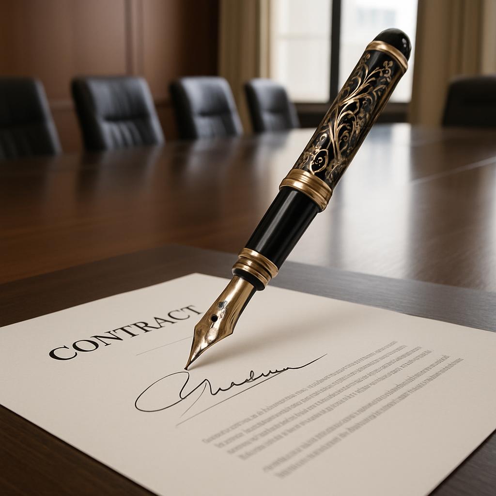 A fountain pen lays on top of a contract. The document is the focal point, and the unique shape of the pen, which is angle...