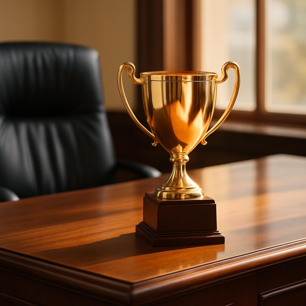 title A shiny gold trophy sitting on a dark wooden desk in a dimly lit room.