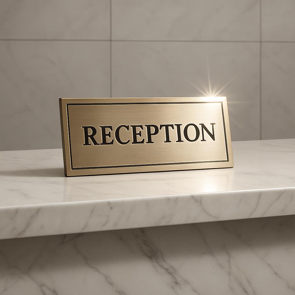 A gold reception sign on a white marble table.