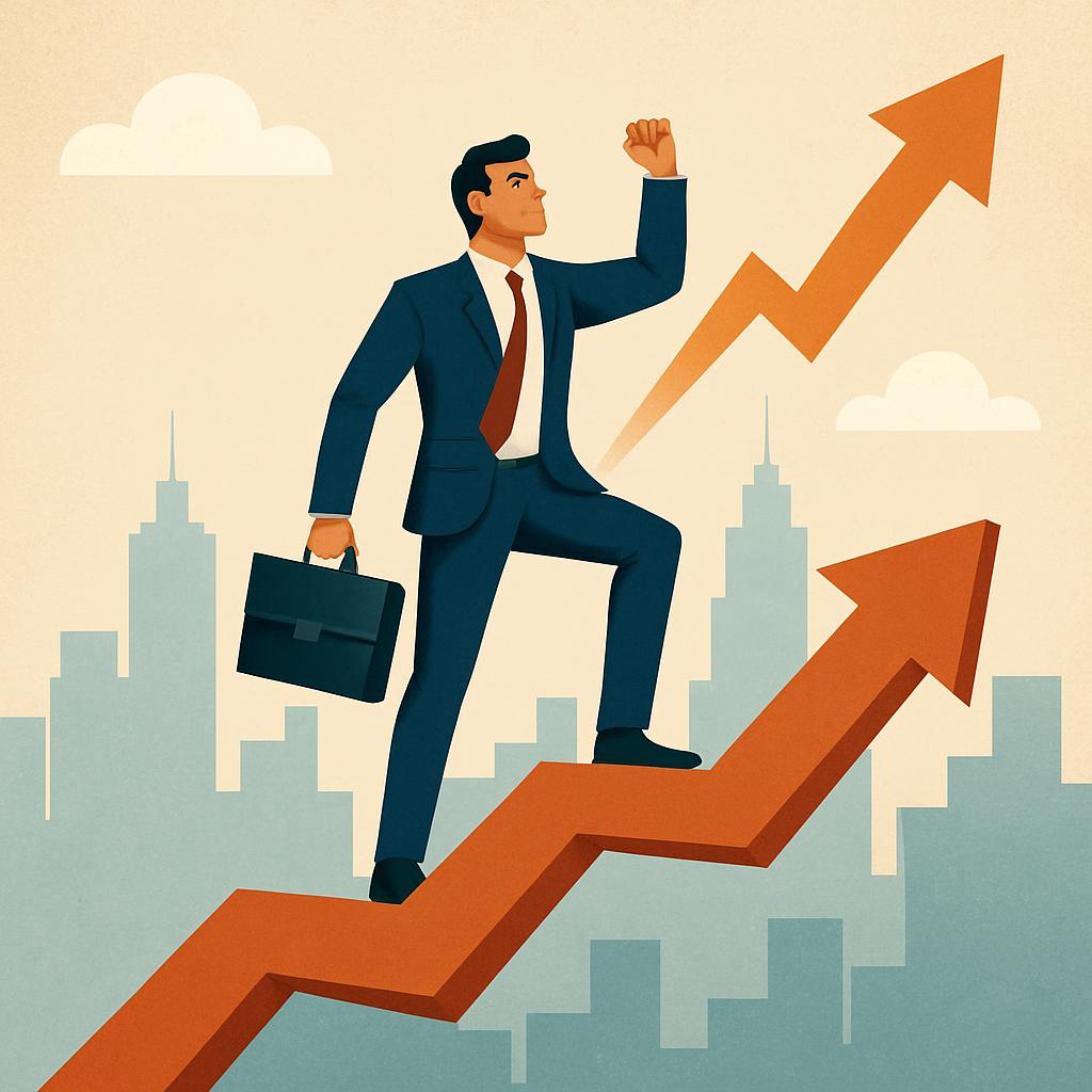 An illustration of a businessman standing on an orange arrow pointing upwards, symbolizing success or growth.