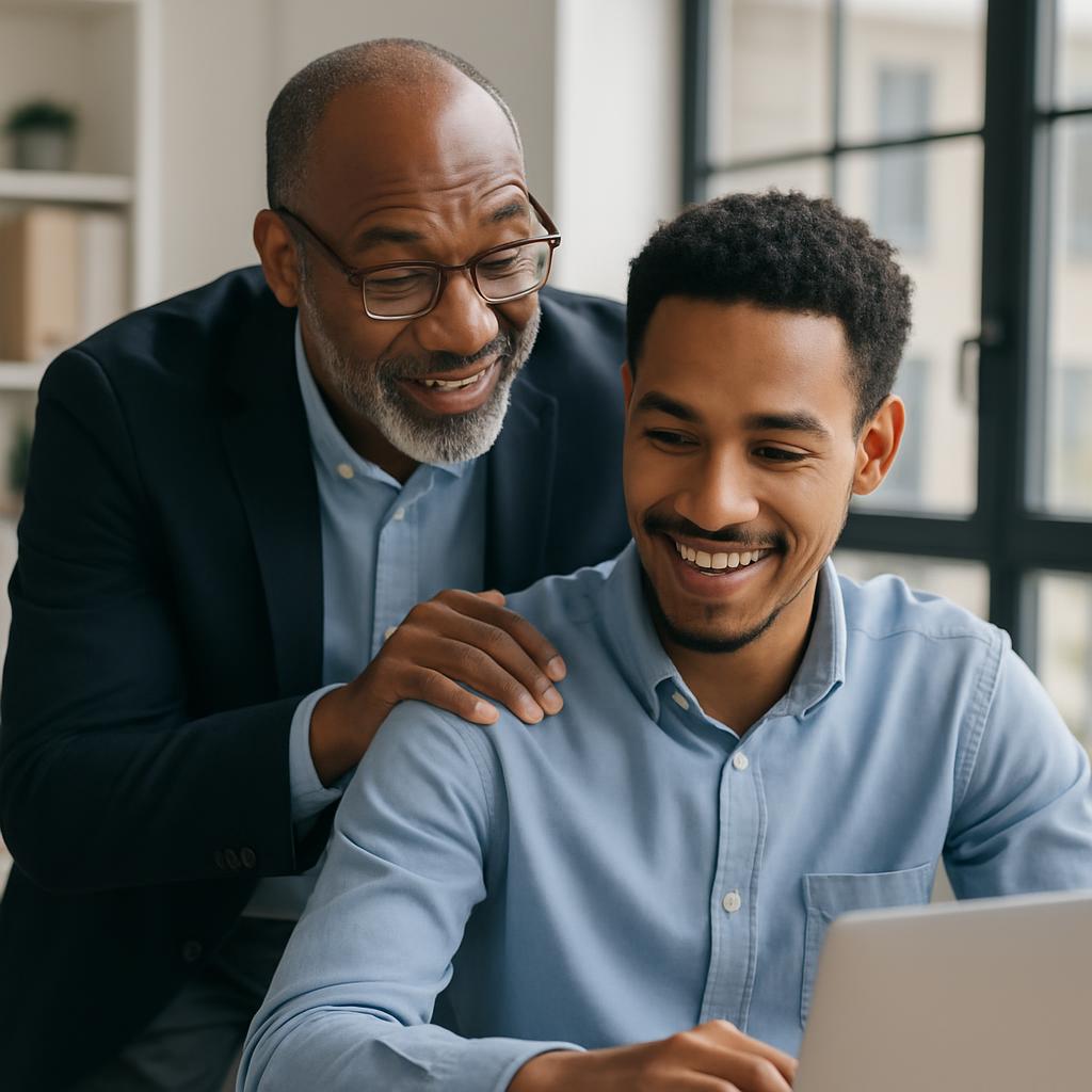Two men of African-American / Black descent are wearing blue and suit jackets; they are smiling gently, looking towards a ...